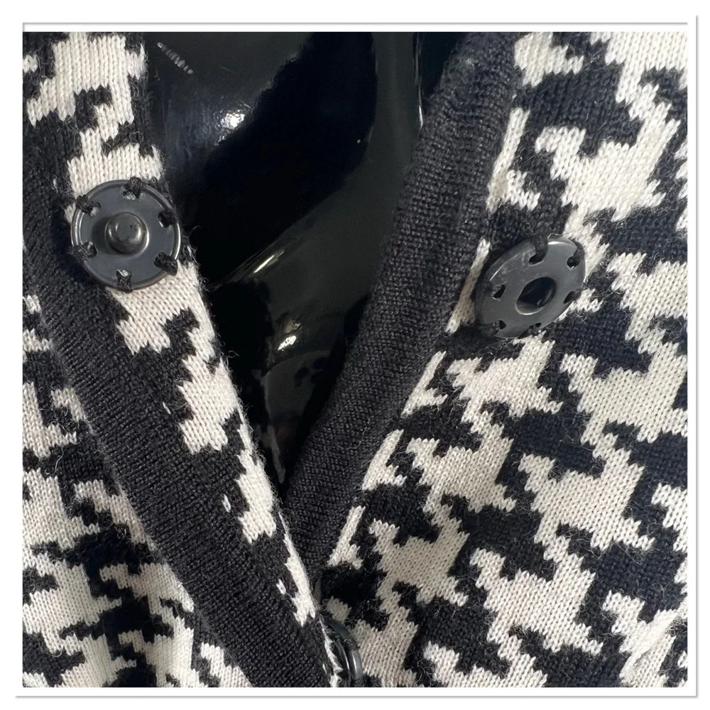 Kenar Black & White Houndstooth Women’s Cardigan Sweater w/ Belt Wool Blend Sz M - Picture 3 of 7